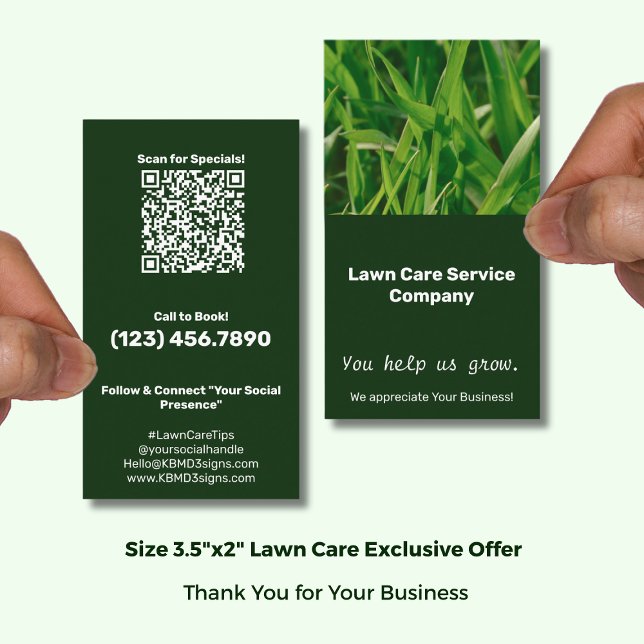Cartão De Visita Lawn Care You Help Us Grow Thank You (Lawn Care You Help Us Grow Thank You Business Card Exclusive QR code Offer; Size 3.5x2 (US) Portrait)
