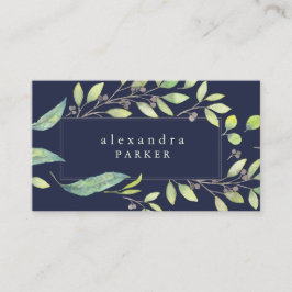 Cartão De Visita Leafy Green | Trendy Watercolor no Azul-Noite