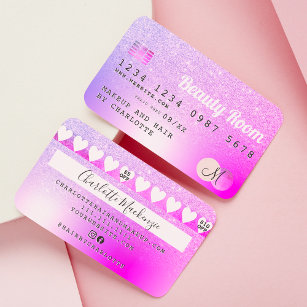 Cartão De Visita Lealdade a brilho metálico roxo, cor-de-rosa, com 