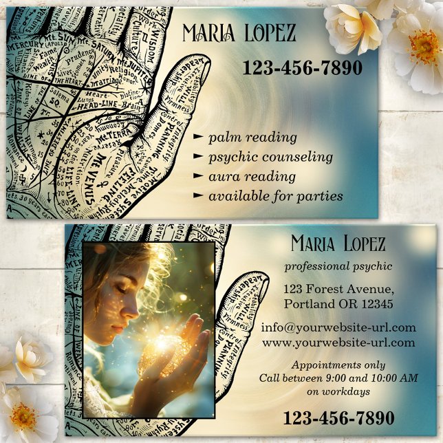 Cartão De Visita Leitor de Palmas de Aconselhamento Psíquico (Psychic palm reader business card featuring a hand palm outline on a dreamy background - clairvoyant)
