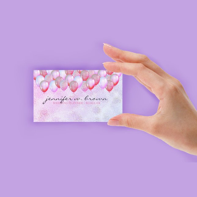 Cartão De Visita Leitor de Partido Balão Rosa-Brilhante (Balloon Party Planner Glitter Pink Business Card)