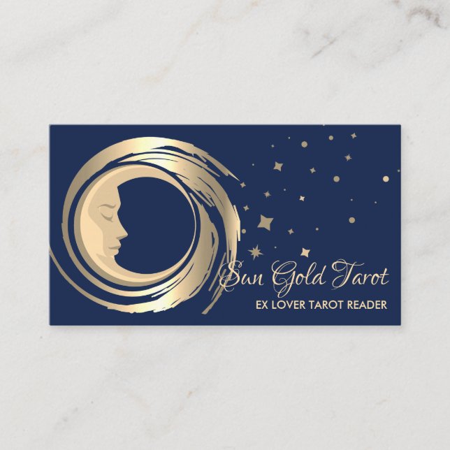 Cartão De Visita Leitor de Tarot Azul Estrelas Lua Sol Celestial (Frente)
