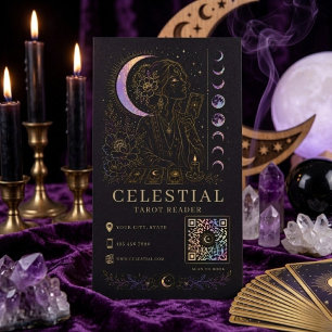 Cartão De Visita Leitor de Tarot Celestial Luxo Preto Dourado QR 