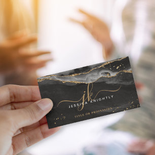 Cartão De Visita Leitura Dourada de Agitação Preta de Monograma de 