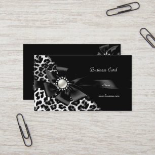 Cartão De Visita Leopardo Elegante Preto Prata Diamante