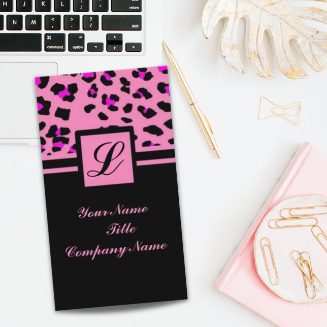 Cartão De Visita Leopardo rosa-quente da moda-branca (Cute Girly fashionista hot pink leopard print Business Card)