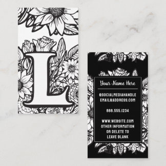 Cartão De Visita Letra monograma L Flor branco e preto