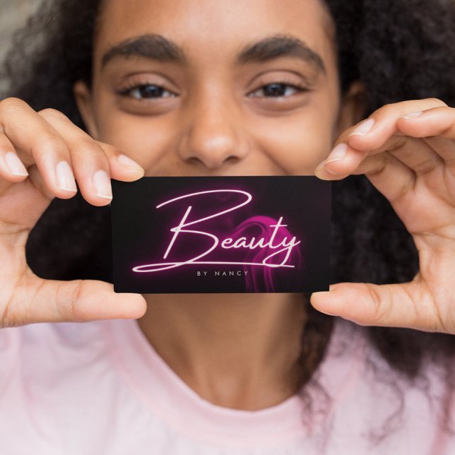 Cartão De Visita Letra Néon Rosa Quente e Bela Fumaça Script Salon (Criador carregado)