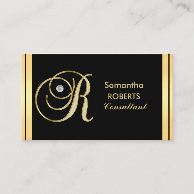 Cartão De Visita Letra preta Dourado Monogrammed elegante feita sob (Frente)