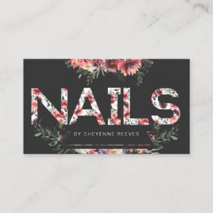 Cartão De Visita Letras Florais Rústicas em Preto Unhas