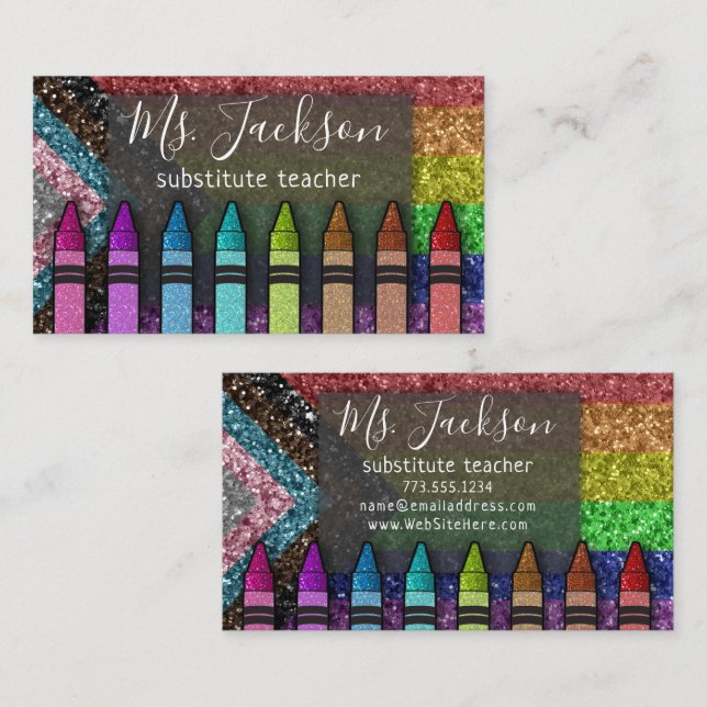 Cartão De Visita LGBTQ Glitter Nome do professor Rainbow Crayons (Frente/Verso)