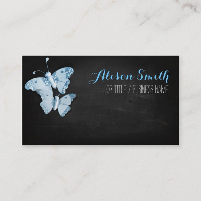 Cartão De Visita Light blue Butterflies on black chalkboard (Frente)