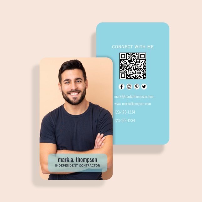 Cartão De Visita Light Blue Photo QR Code Connect With Me (Light blue QR code card with photo and clean modern contact layout)