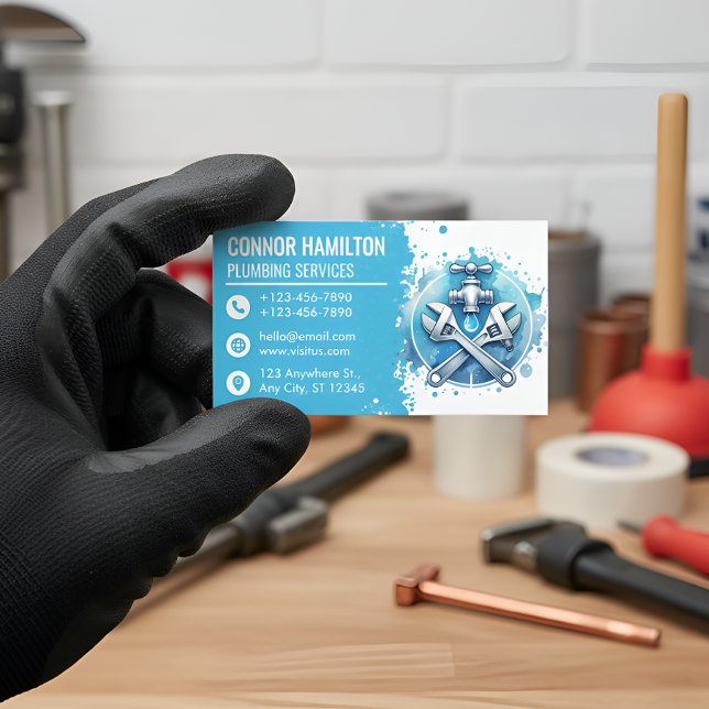 Cartão De Visita Light Blue White Watercolor Plumbing Logo (Criador carregado)
