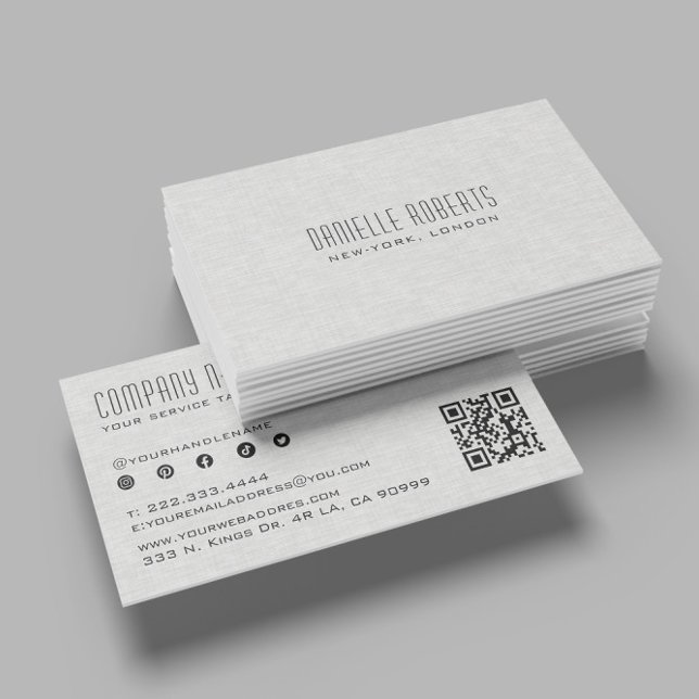 Cartão De Visita Light Gray Linen Texture QR Code (Criador carregado)