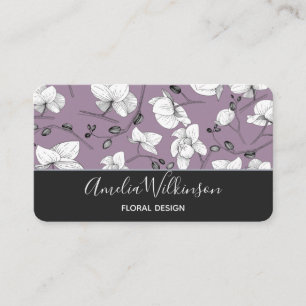 Cartão De Visita Lilac floral branco e preto de orquídea elegante