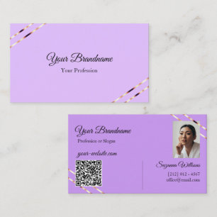Cartão De Visita Lilás Lavanda com Linhas Dourado Rosa Código QR de