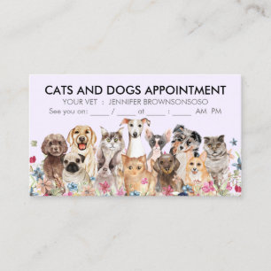 Cartão De Visita Lilás Roxo Floral Gatos e Cães Ilustrados