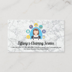 Cartão De Visita Limpando Ícones do Serviço Maid   Fundo Marble