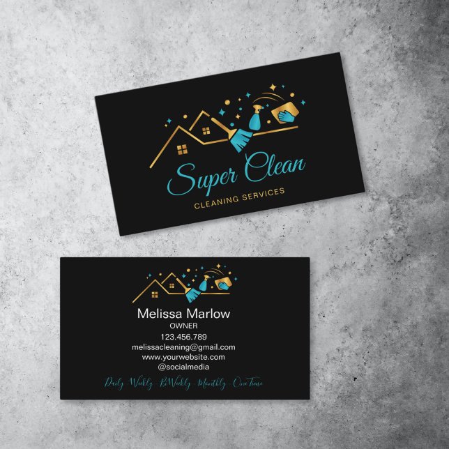 Cartão De Visita Limpeza Comercial Residencial (cleaning logo tools gold and blue)