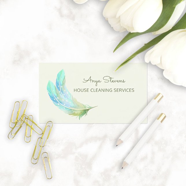 Cartão De Visita Limpeza da Casa de Penas (Boho Green Feathers House Cleaning Services Business Cards)