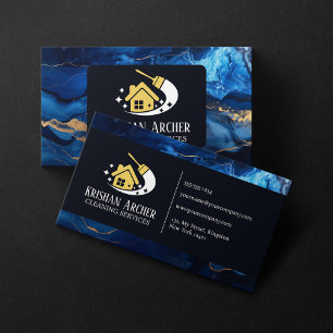 Cartão De Visita Limpeza de Casa Mármore Azul Dourado Preto Serviço