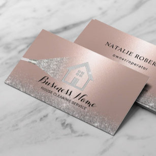 Cartão De Visita Limpeza de Casa Moderna Rosa Dourada e Maid Prata