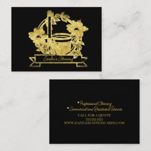 Cartão De Visita Limpeza de Ouro Falso Vassoura Floral Balde Logo