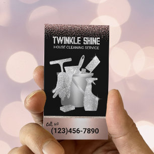 Cartão De Visita Limpeza em casa - Rosa de brilho Dourado do serviç