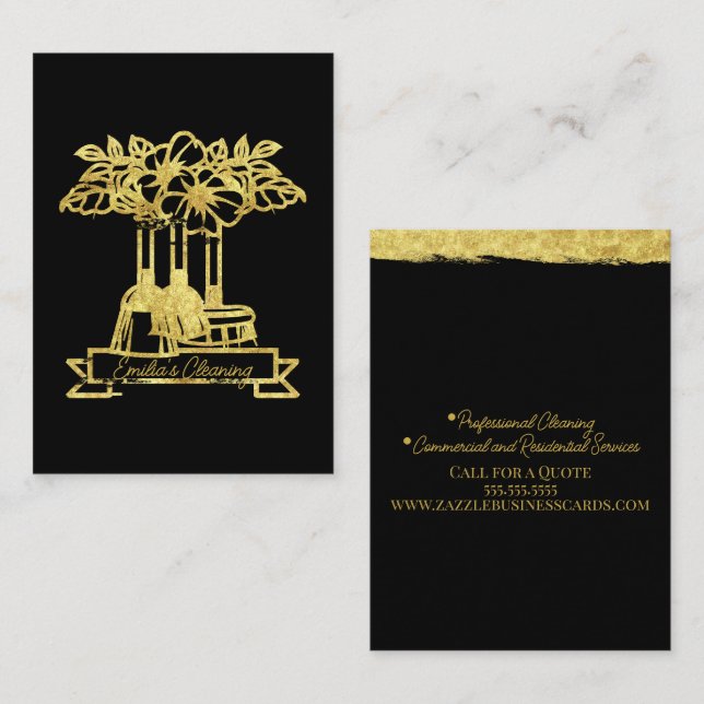 Cartão De Visita Limpeza Floral Planta Script Logo Ouro Falso (Frente/Verso)