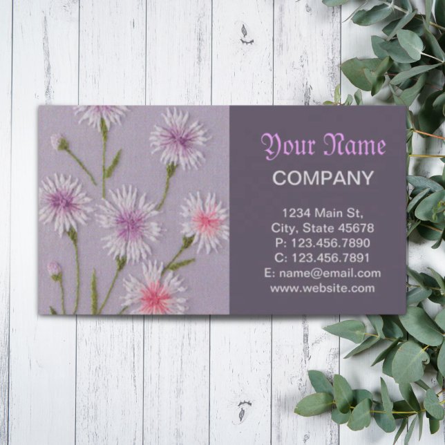 Cartão De Visita linda lilás roxa bordado floral branca margarida (cute lilac purple embroidery floral white daisy business card)