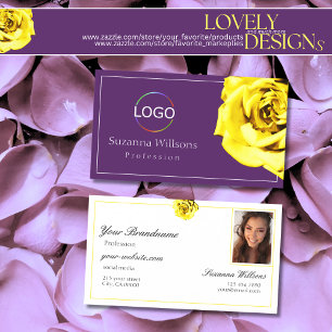 Cartão De Visita Linda rosa amarela em roxo com foto de logotipo