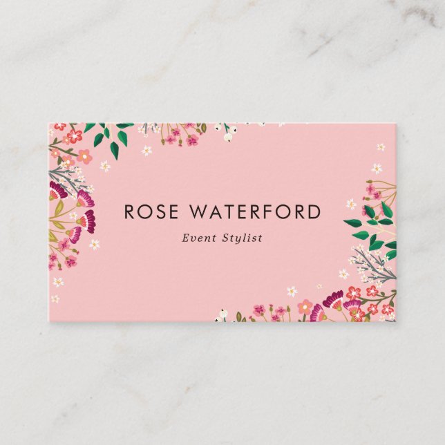 Cartão De Visita Lindos Flores Silvestres Boho Rosa (Frente)