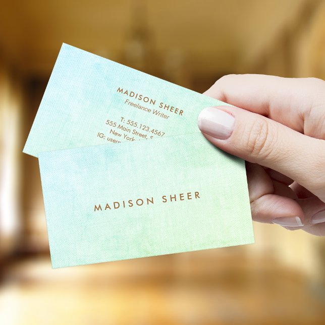 Cartão De Visita Linen de Gradação de Ombre Verde Moderno de Aqua (Criador carregado)