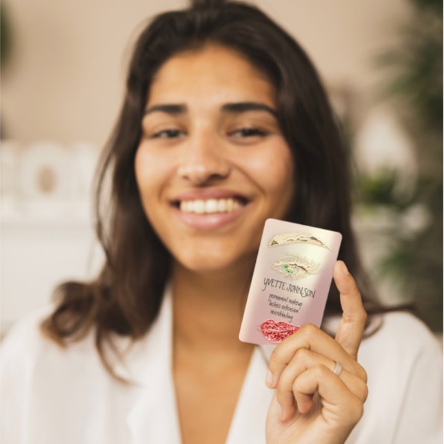 Cartão De Visita Linha Lash Espuma Permanente QRCode Rosa Verde Dou (Lash Brow Permanent Makeup QR Code Gold Rose Green Business Card)