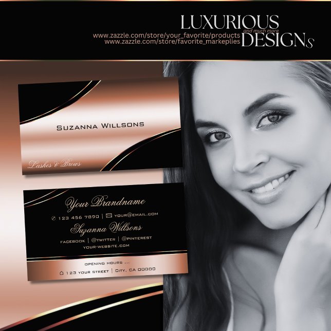 Cartão De Visita Linhas Decoradas Curvas Negras Nobres Rosa, Dourad (Criador carregado)