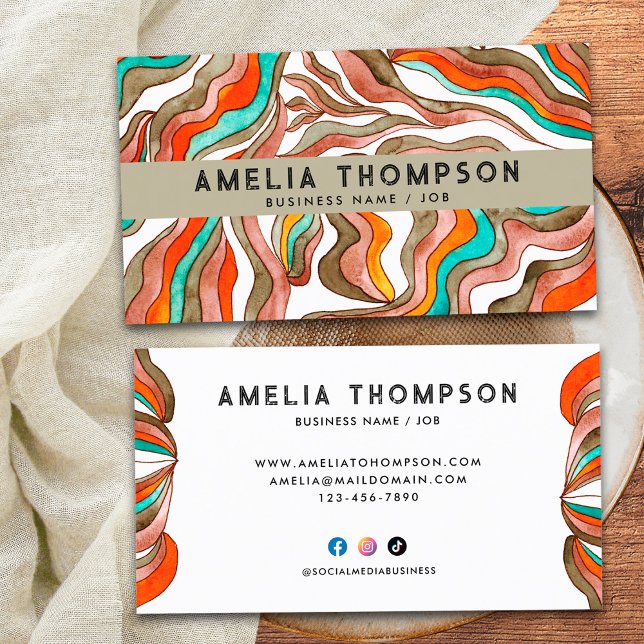 Cartão De Visita Linhas onduladas Boho Groovy Retro Laranja Abstrat (Front and Back)