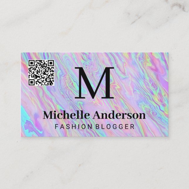 Cartão De Visita Líquido Holográfico Geométrico | Verificação QR (Frente)