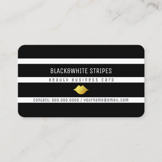 Cartão De Visita listras brancas pretas e lábios beleza moderna (Frente)