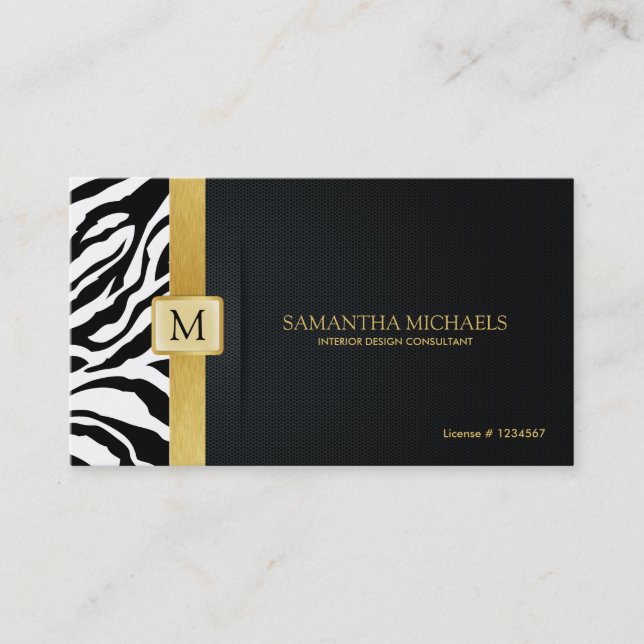 Cartão De Visita Listras elegantes da zebra com preto e ouro (Frente)