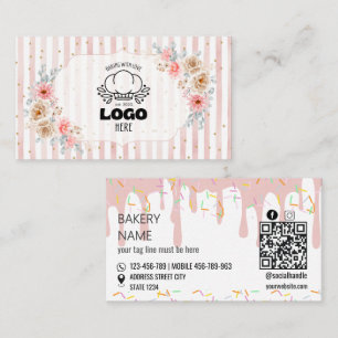 Cartão De Visita Listras florais rosadas Logo de Padaria Fofo