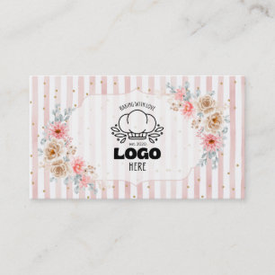 Cartão De Visita Listras florais rosadas Logo de Padaria Fofo 