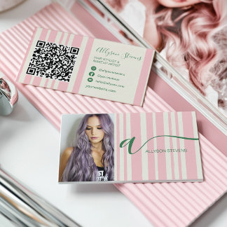 Cartão De Visita Listras Preppy rosa cabelo maquiagem foto inicial 