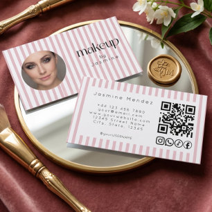 Cartão De Visita Listras Rosa Foto MUA Código QR Ícones Sociais B