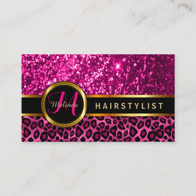 Cartão De Visita Literatura Rosa e Pele-Leopardo - Hairstylist ⭐ ⭐  (Frente)