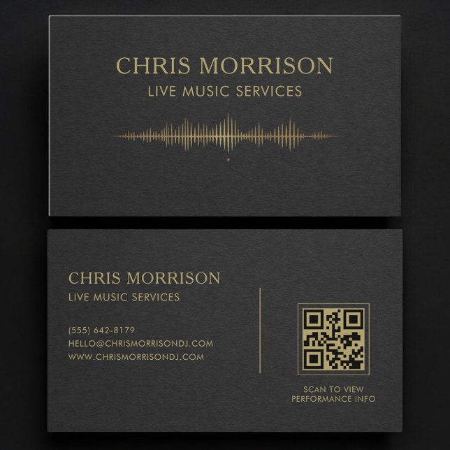 Cartão De Visita Live Music Services Black Gold QR Code (Criador carregado)