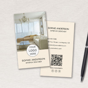 Cartão De Visita Logo Interior Designer Foto QR Social Media Creme