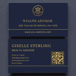 Cartão De Visita Logotipo Azul Dourado do Conselheiro de Riqueza Có
