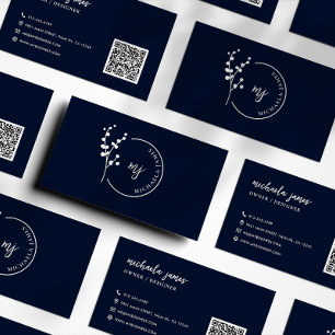 Cartão De Visita Logotipo Botânico Moderno Código QR com Letra Eleg