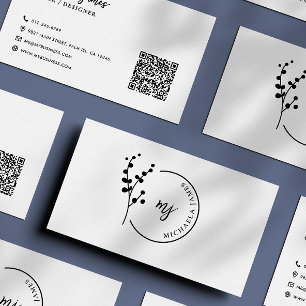 Cartão De Visita Logotipo Botânico Moderno Código QR de Letra Elega